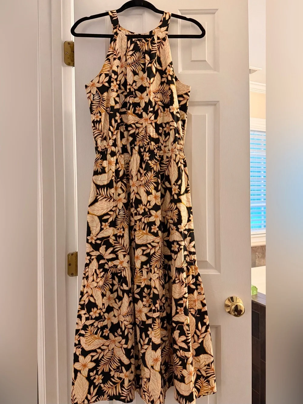 Veronica M Black Floral Halter Midi Dress with Cream-Tan Leaf Print